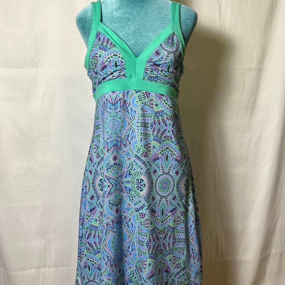 TEHAMA Mint Trim Blue & Purple Geometric Maxi Dress